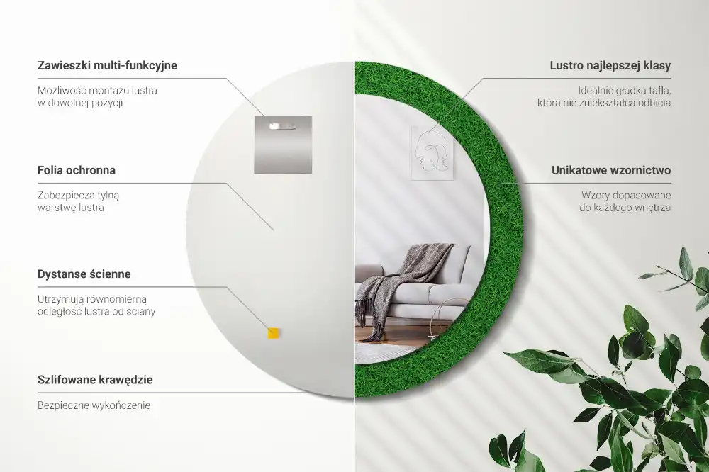 Miroir rond avec décoration herbe verte