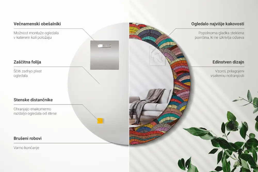 Miroir rond cadre imprimé motif ornemental