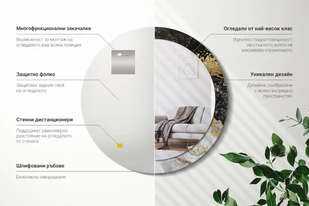 Miroir rond cadre imprimé marbre loft