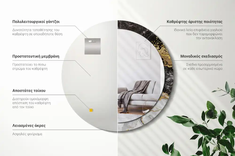 Miroir rond cadre imprimé marbre loft