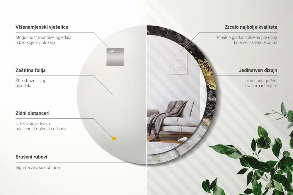 Miroir rond cadre imprimé marbre loft
