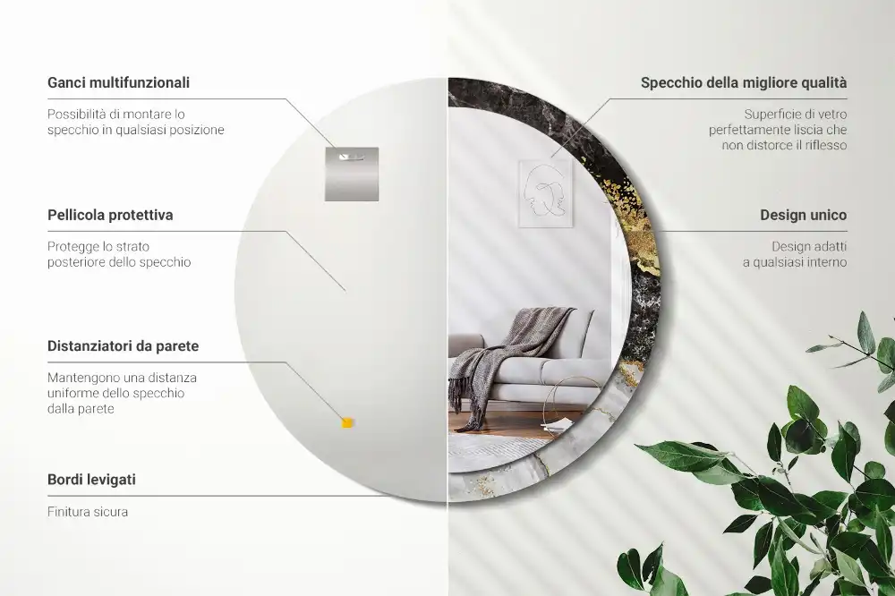 Miroir rond cadre imprimé marbre loft