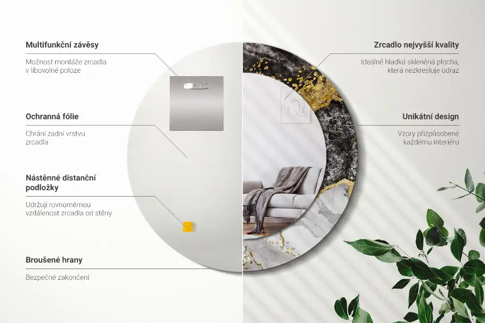 Miroir rond cadre imprimé marbre loft