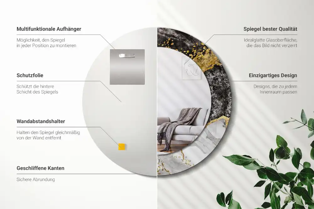 Miroir rond cadre imprimé marbre loft