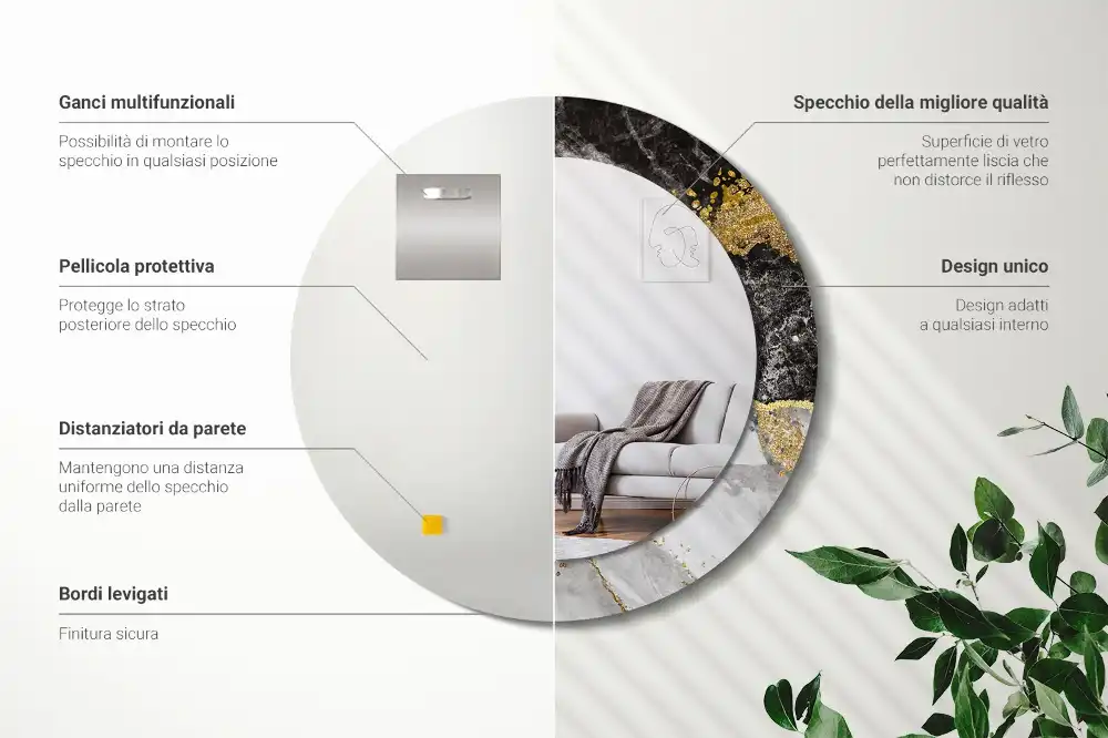 Miroir rond cadre imprimé marbre loft