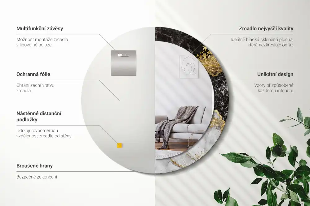 Miroir rond cadre imprimé marbre loft