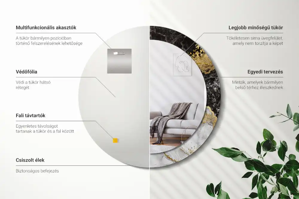 Miroir rond cadre imprimé marbre loft