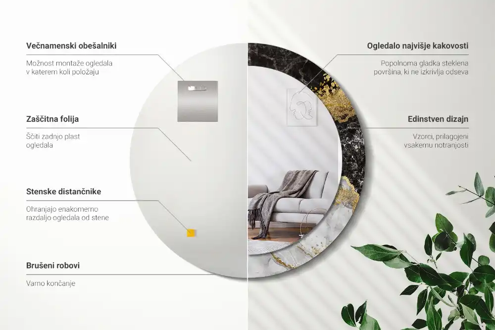 Miroir rond cadre imprimé marbre loft