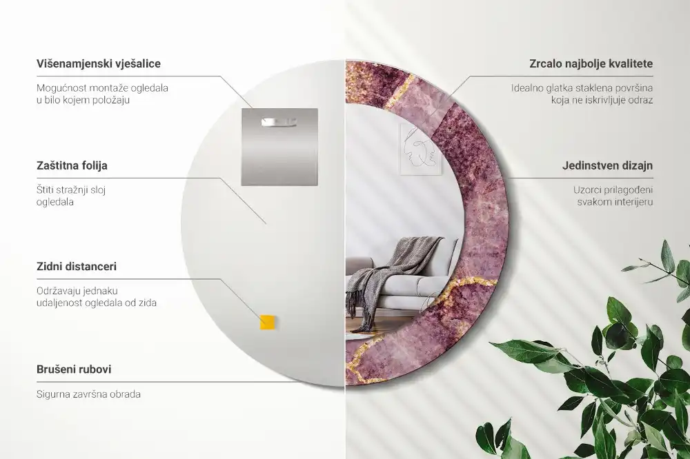 Miroir rond cadre avec impression imitation marbre