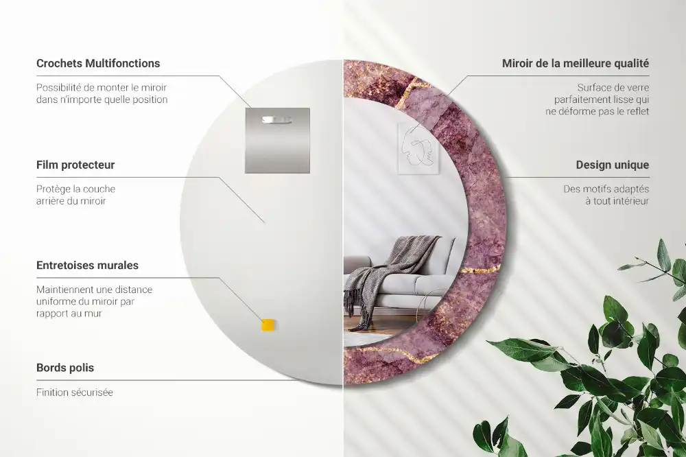 Miroir rond cadre avec impression imitation marbre