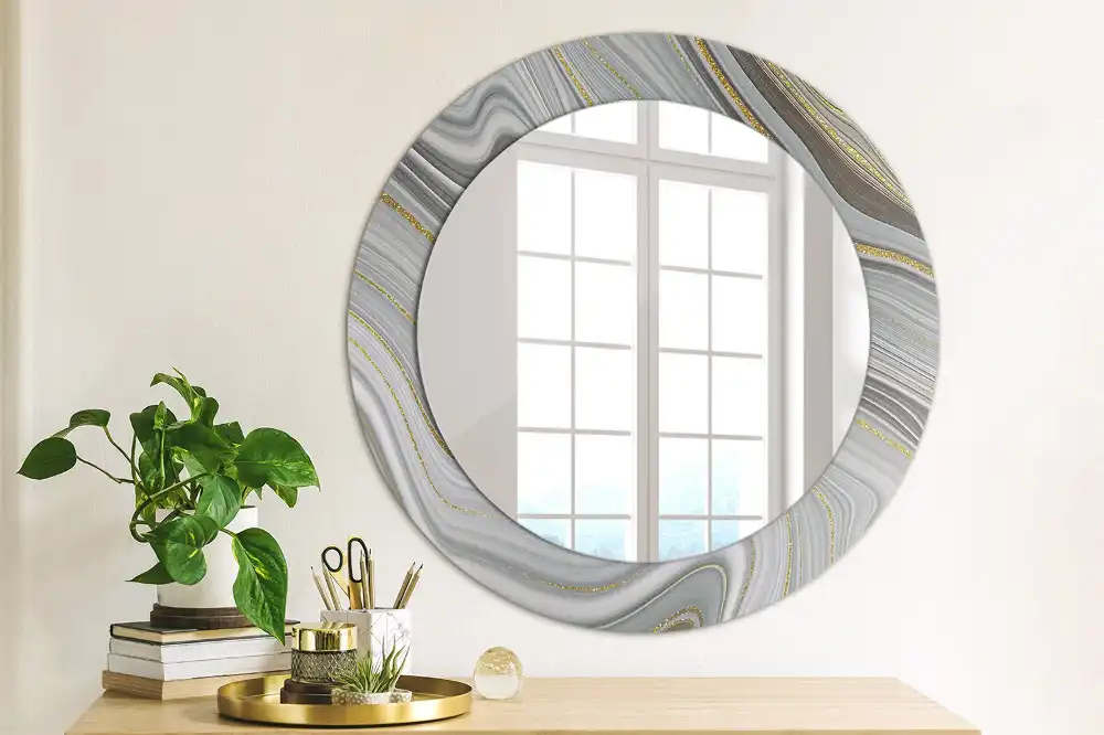 Miroir rond cadre imprimé marbre gris