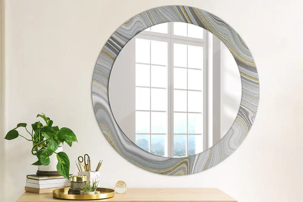 Miroir rond cadre imprimé marbre gris