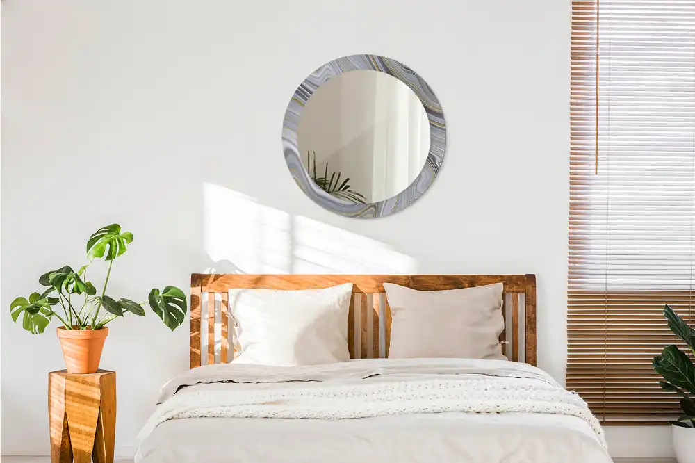 Miroir rond cadre imprimé marbre gris