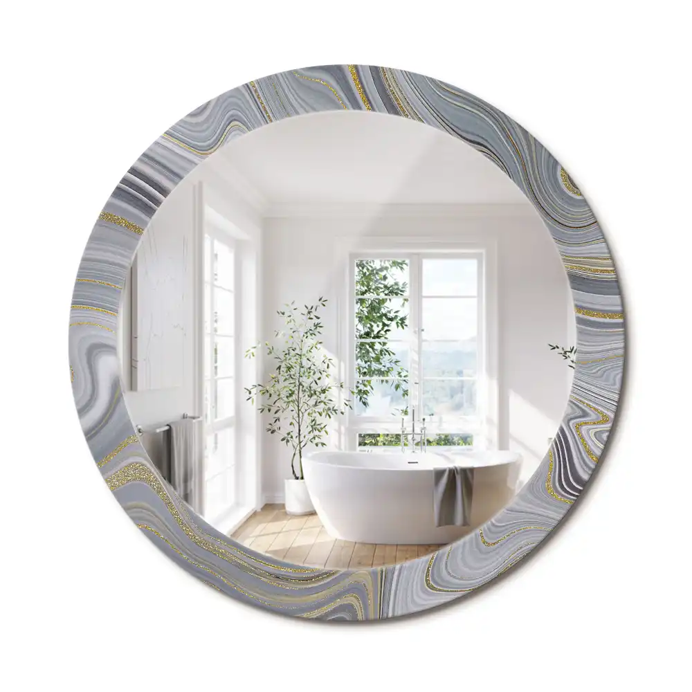 Miroir rond cadre imprimé marbre gris
