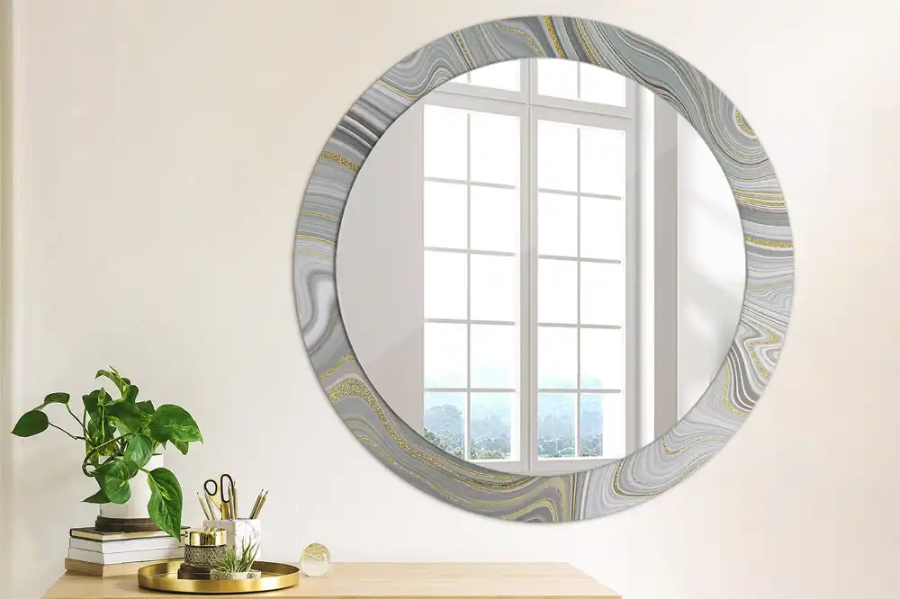 Miroir rond cadre imprimé marbre gris