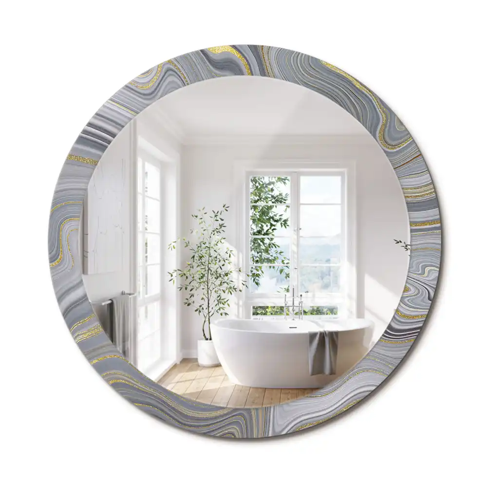 Miroir rond cadre imprimé marbre gris