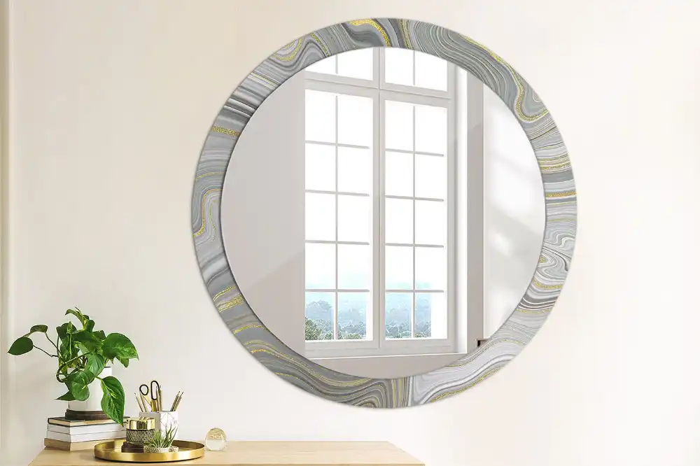 Miroir rond cadre imprimé marbre gris