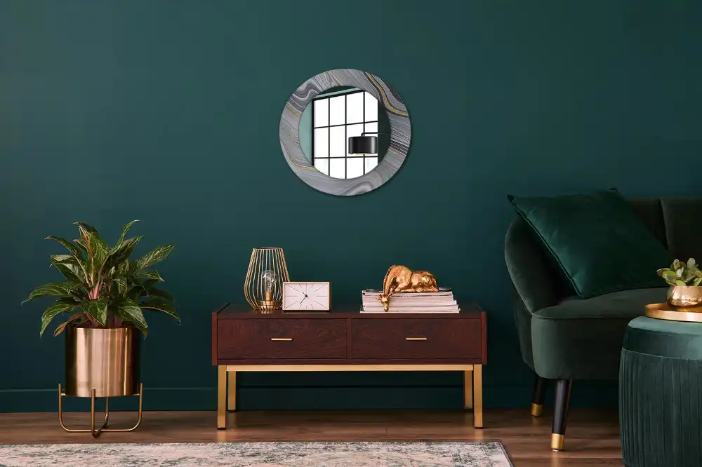 Miroir rond cadre imprimé marbre gris