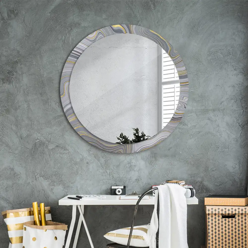 Miroir rond cadre imprimé marbre gris