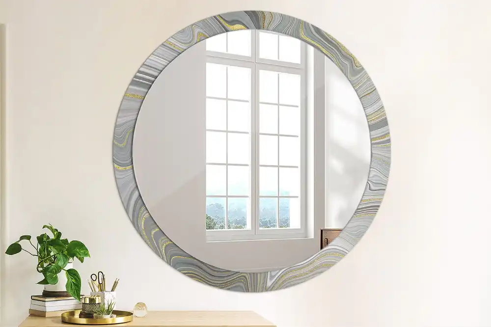 Miroir rond cadre imprimé marbre gris
