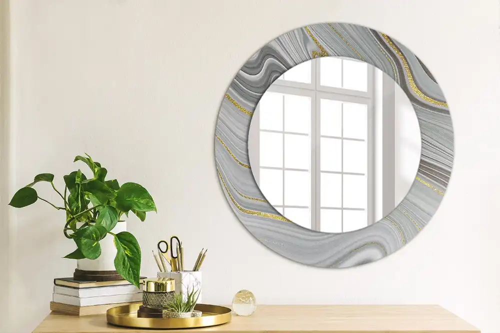 Miroir rond cadre imprimé marbre gris