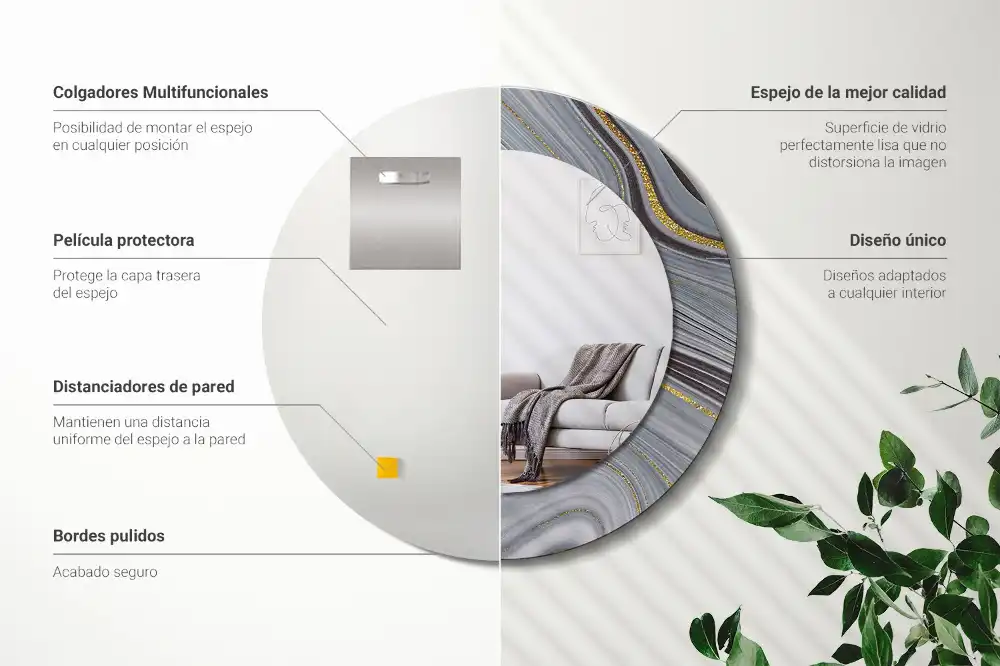 Miroir rond cadre imprimé marbre gris