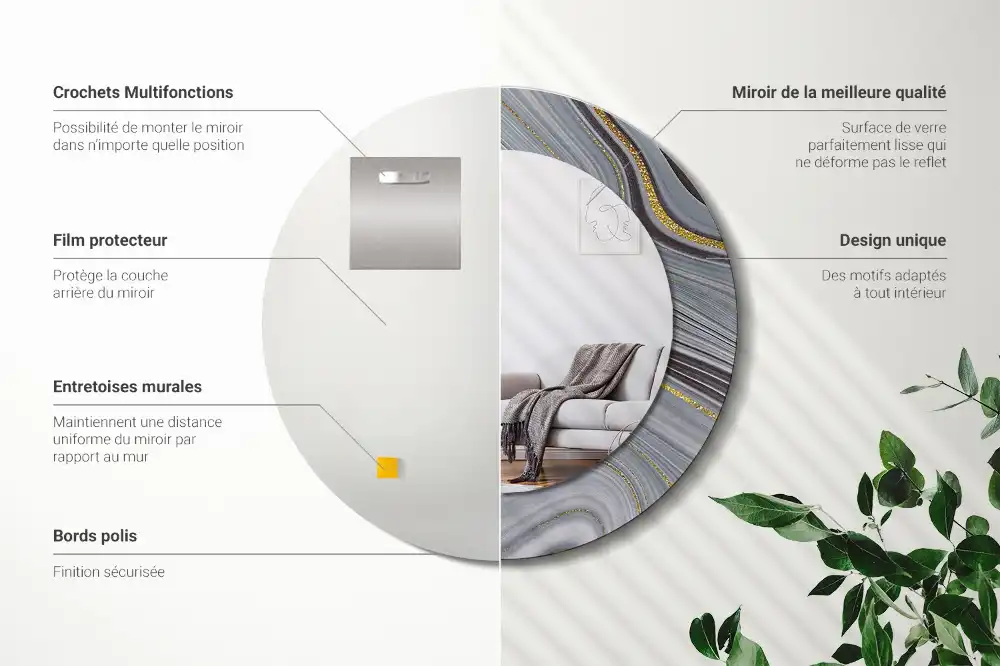 Miroir rond cadre imprimé marbre gris