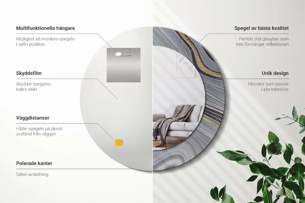 Miroir rond cadre imprimé marbre gris