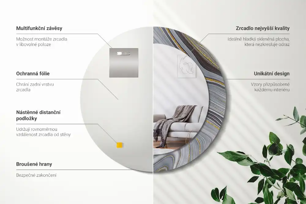 Miroir rond cadre imprimé marbre gris