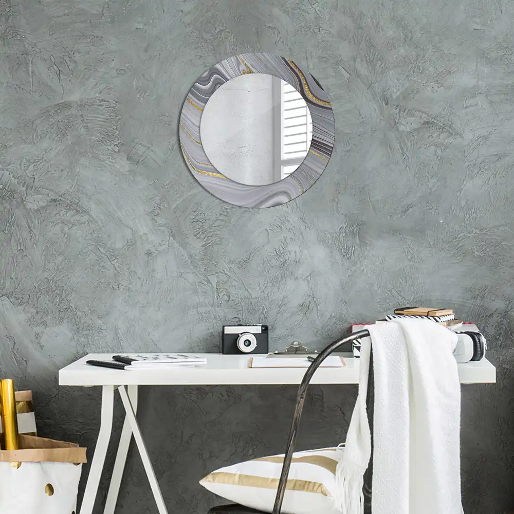 Miroir rond cadre imprimé marbre gris