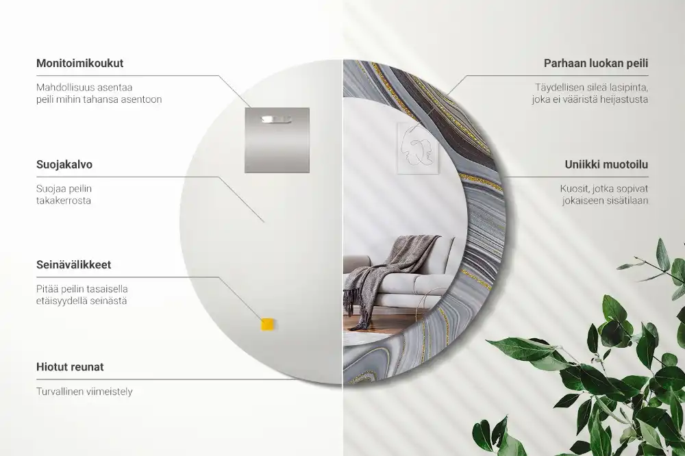 Miroir rond cadre imprimé marbre gris