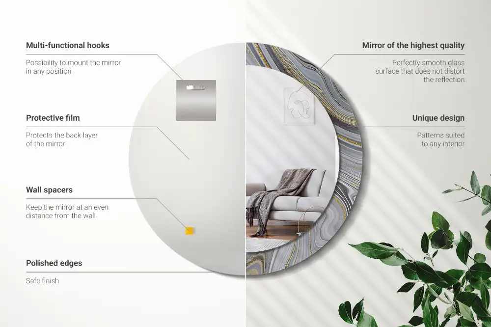 Miroir rond cadre imprimé marbre gris