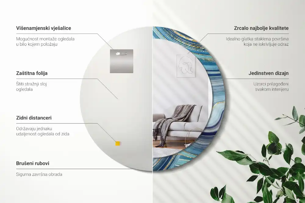 Miroir rond cadre avec impression marbre bleu