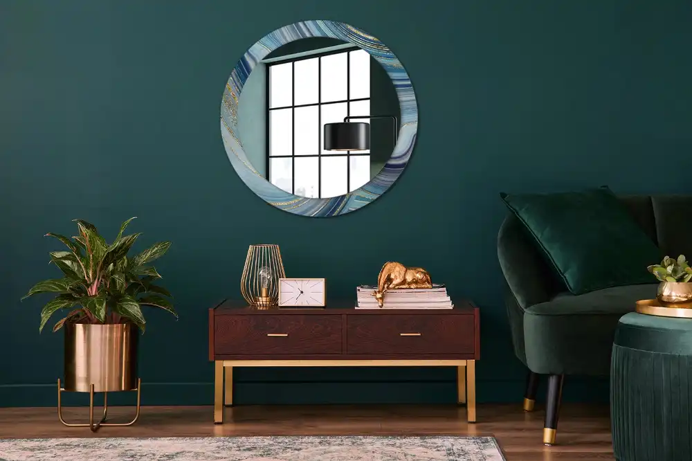 Miroir rond cadre avec impression marbre bleu