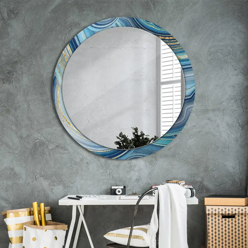 Miroir rond cadre avec impression marbre bleu