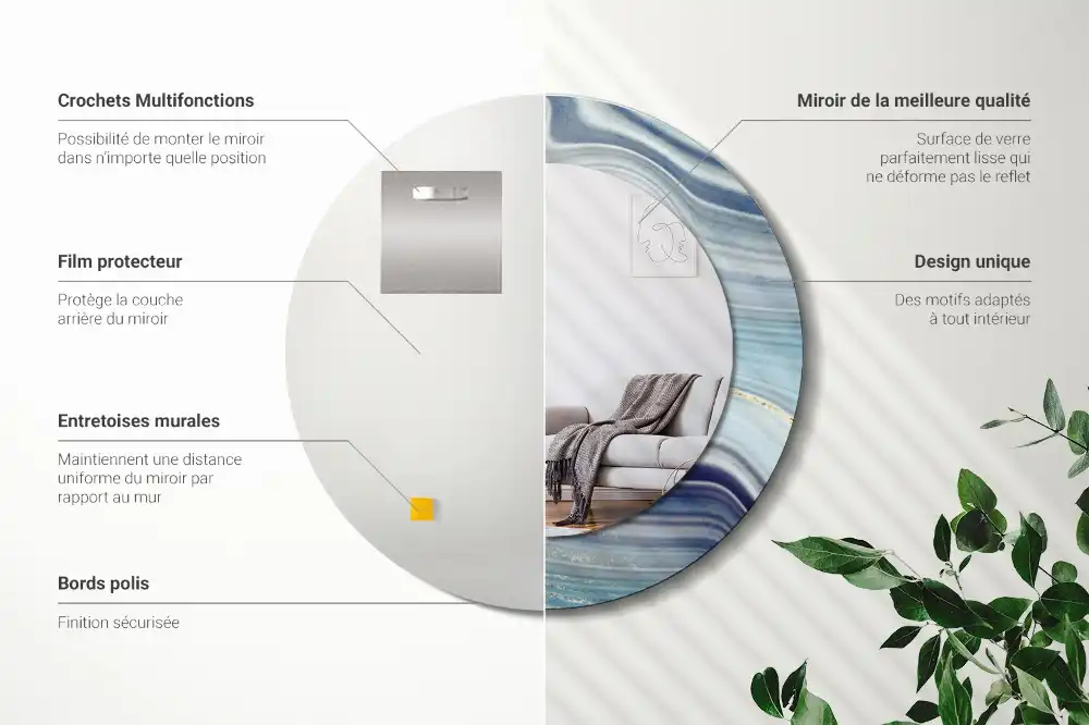 Miroir rond cadre avec impression marbre bleu