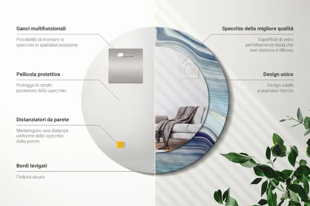 Miroir rond cadre avec impression marbre bleu