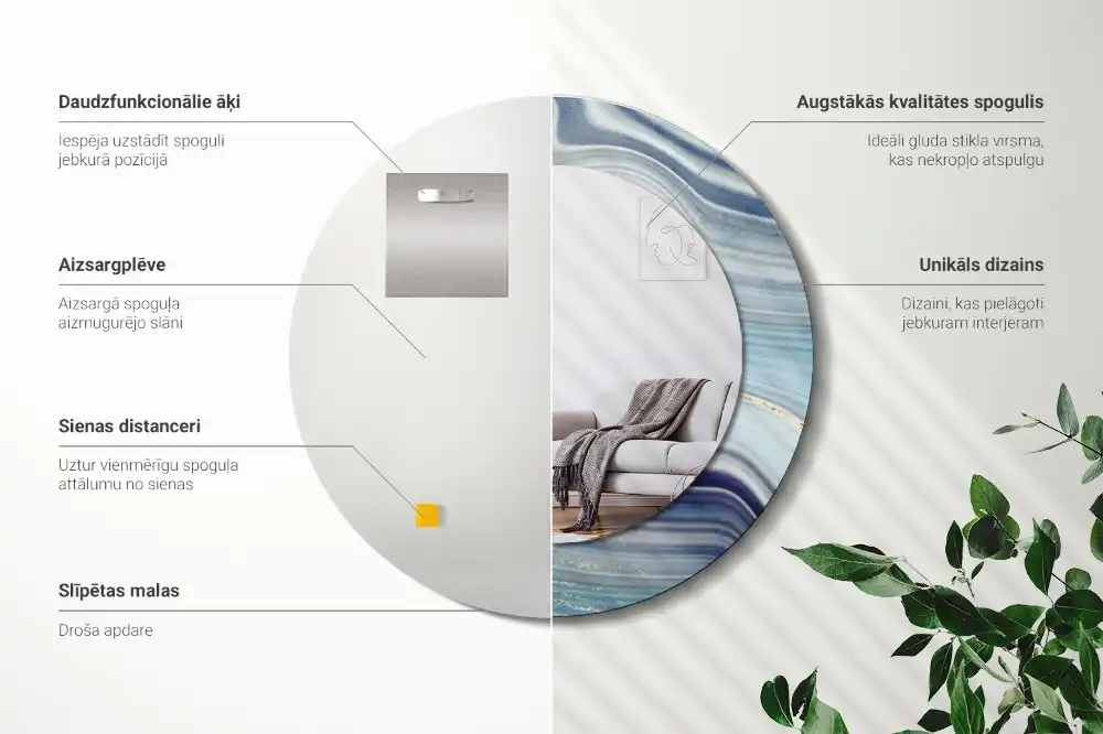 Miroir rond cadre avec impression marbre bleu