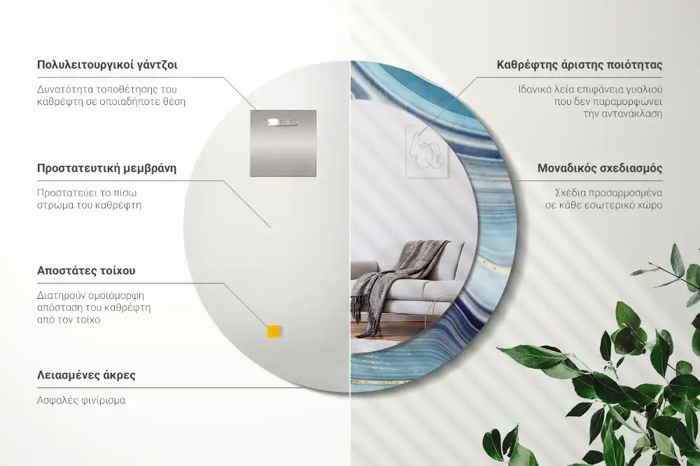 Miroir rond cadre avec impression marbre bleu