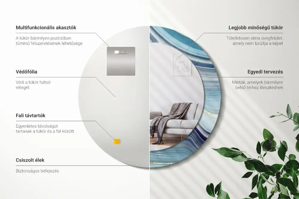 Miroir rond cadre avec impression marbre bleu
