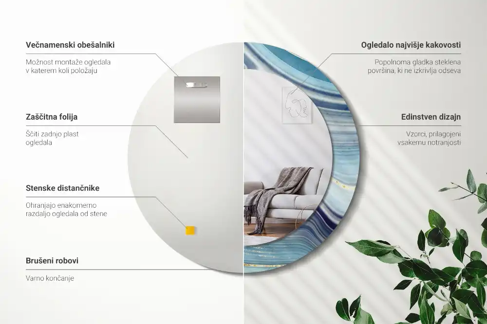 Miroir rond cadre avec impression marbre bleu