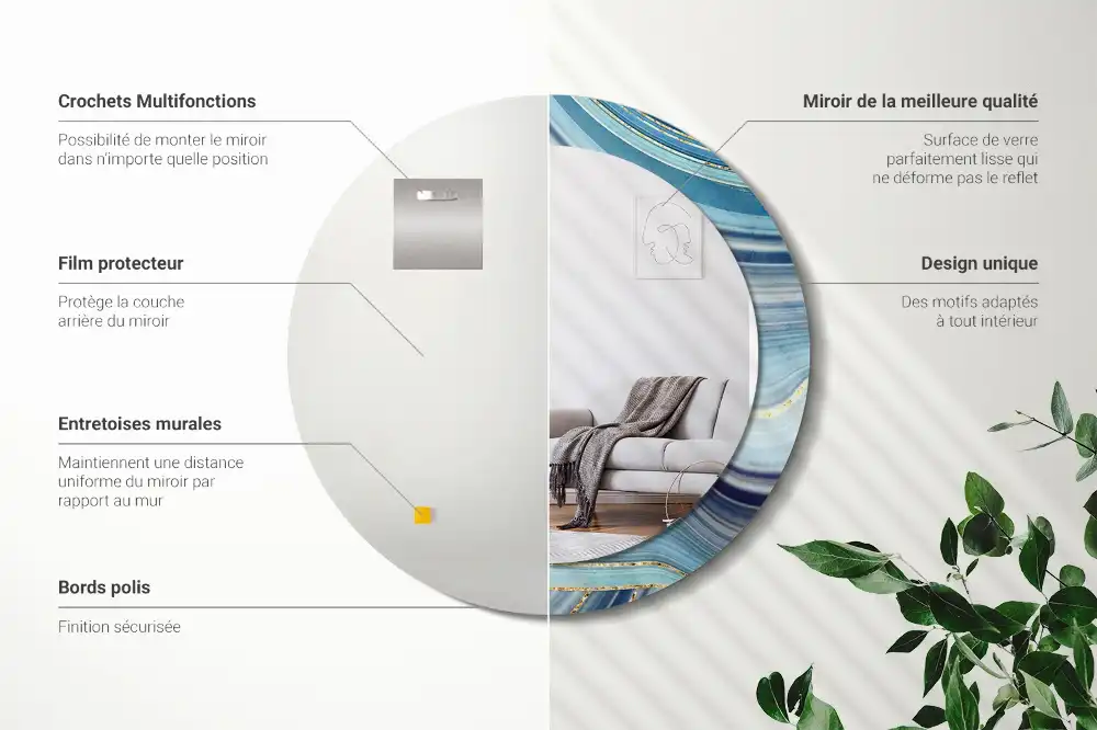 Miroir rond cadre avec impression marbre bleu