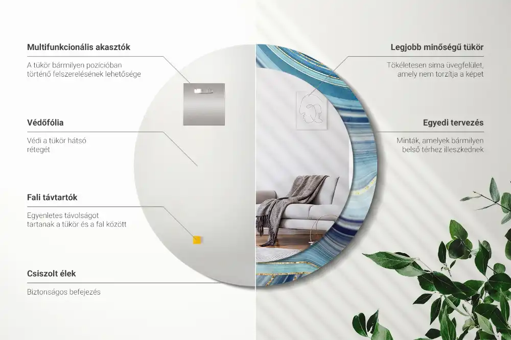 Miroir rond cadre avec impression marbre bleu