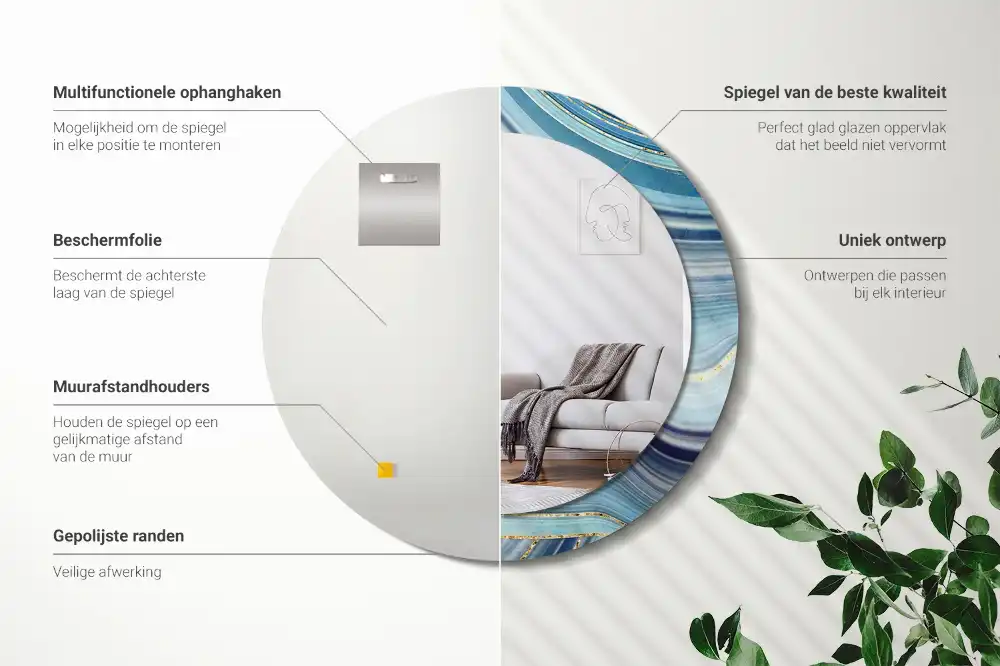 Miroir rond cadre avec impression marbre bleu