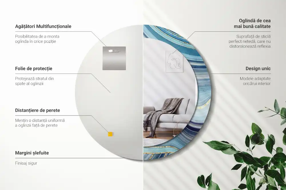 Miroir rond cadre avec impression marbre bleu