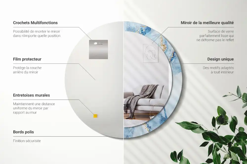Miroir rond avec décoration marbre bleu clair