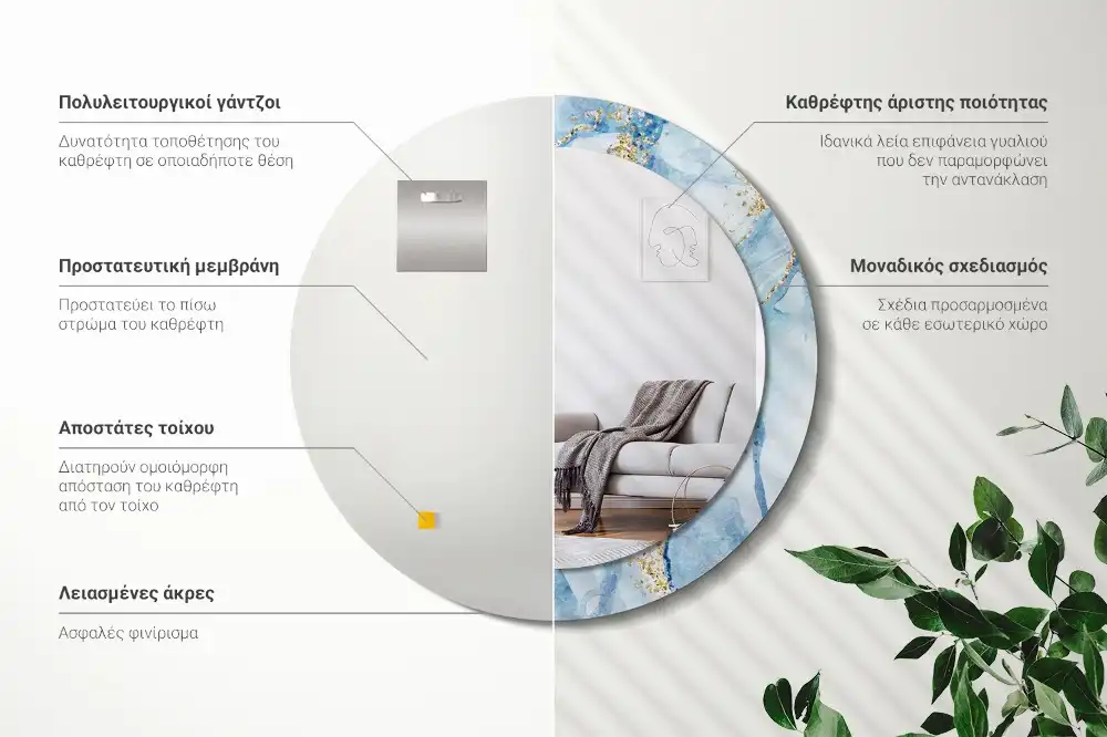 Miroir rond avec décoration marbre bleu clair