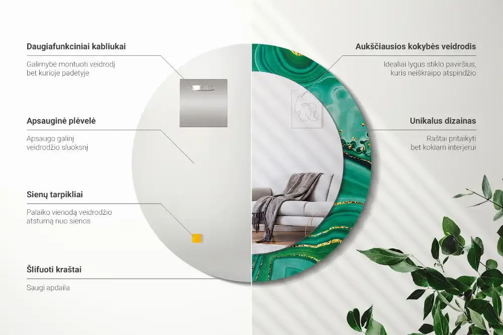 Miroir rond cadre avec impression marbre d'agate