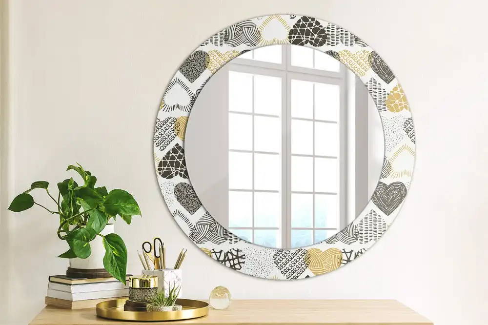 Miroir rond cadre avec impression cœurs doodle