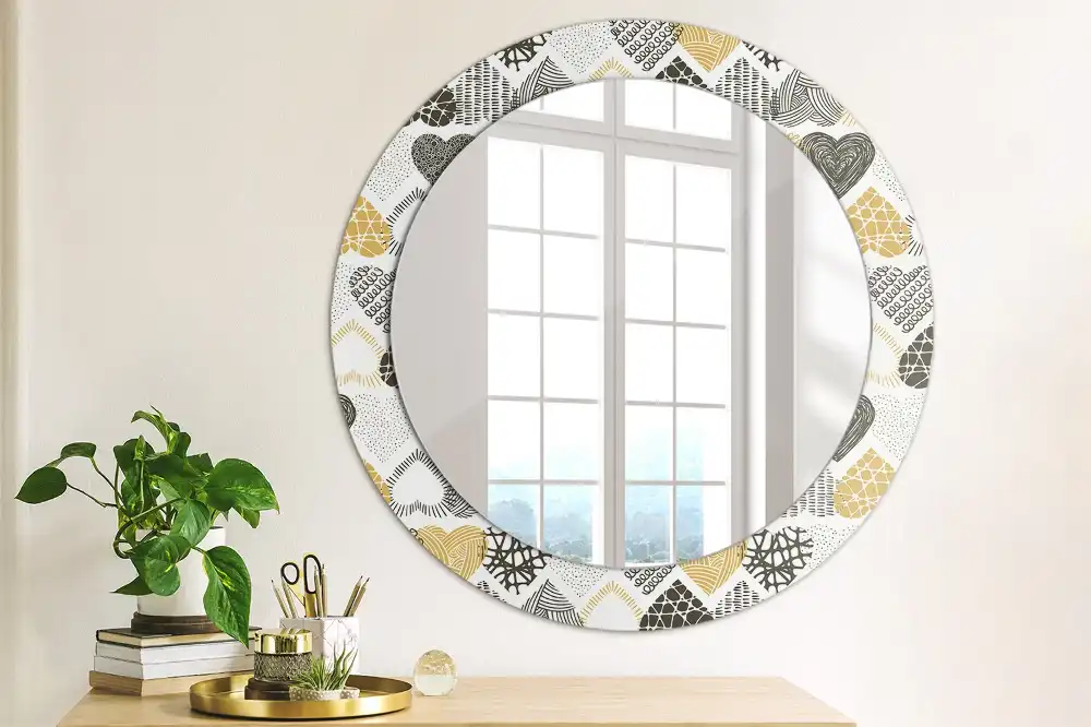 Miroir rond cadre avec impression cœurs doodle